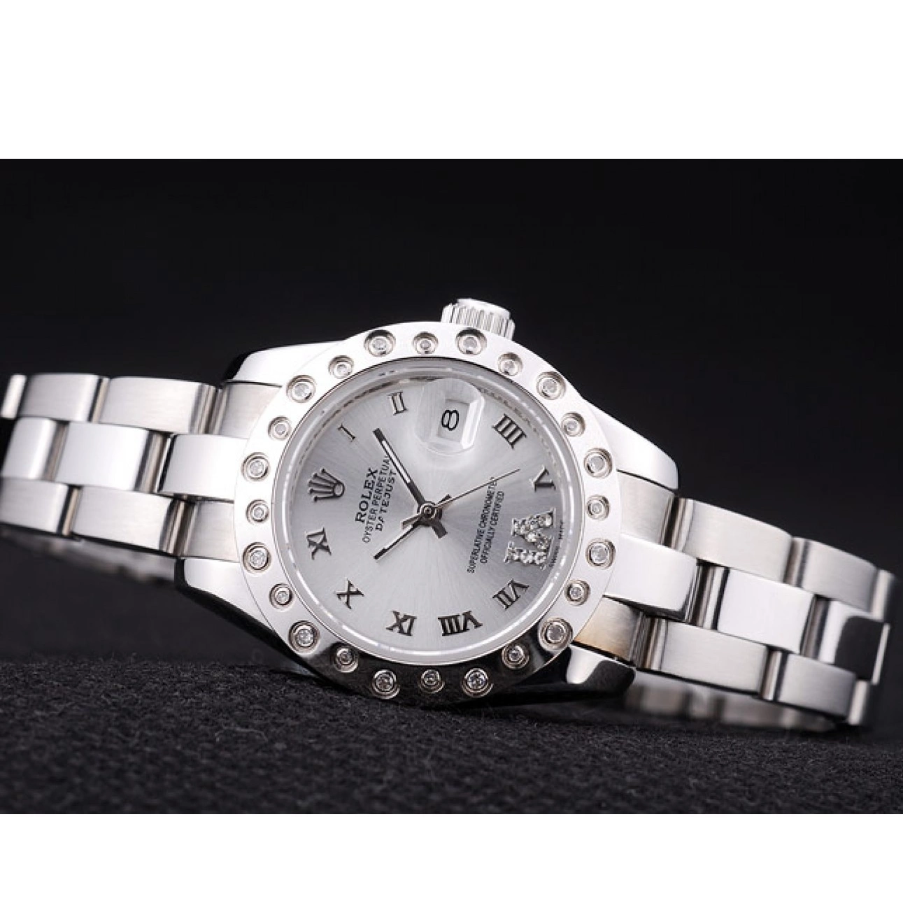 Aaa fake watches Silver Datejust Dial Silver 7474 Rolex Polished Bezel Diamonds 0727